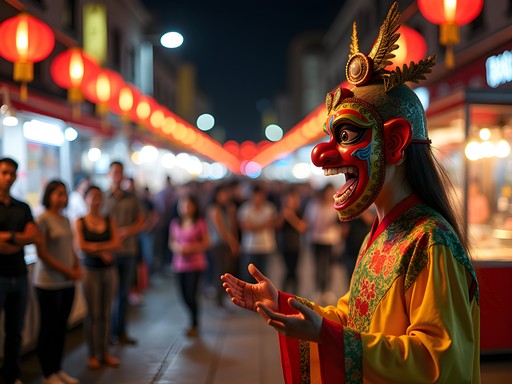 Traditional face-changing performer entertaining crowds at Chengdu night market under red lanterns
