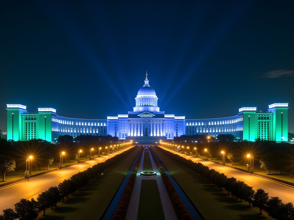 Ashgabat's illuminated white marble buildings and empty streets at night creating a surreal cityscape