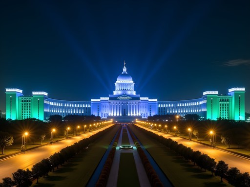 Ashgabat's illuminated white marble buildings and empty streets at night creating a surreal cityscape