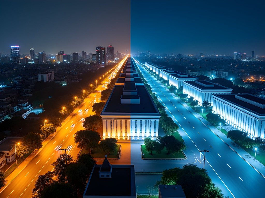 Split image contrasting the organic light patterns of Chiang Mai with the structured illumination of Ashgabat at night