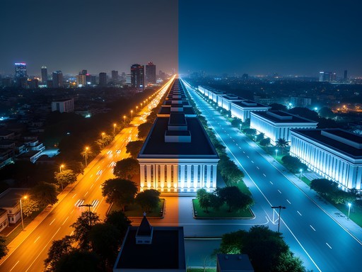 Split image contrasting the organic light patterns of Chiang Mai with the structured illumination of Ashgabat at night