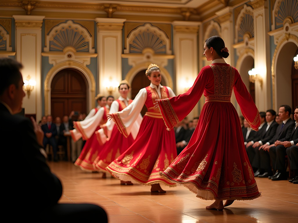 Traditional Turkmen cultural performance with dancers in colorful traditional costumes at Mukamlar Palace
