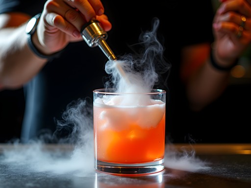 Elaborate molecular cocktail being served with smoke and specialized glassware in upscale Chicago bar