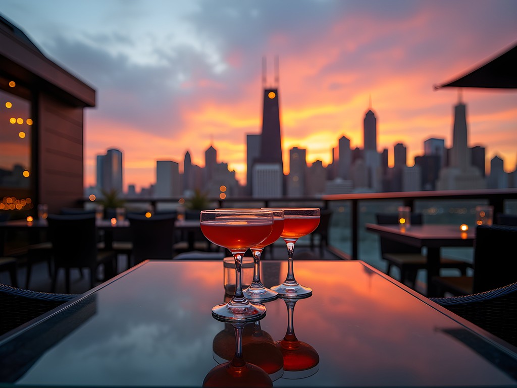 Panoramic view of Chicago skyline at sunset from a luxurious rooftop bar with cocktails in foreground