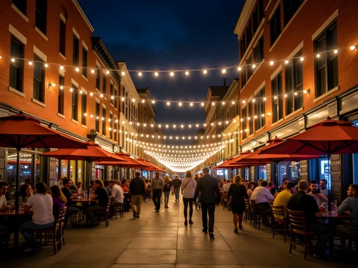 Bustling East 4th Street in Cleveland at night with string lights overhead and crowded restaurant patios