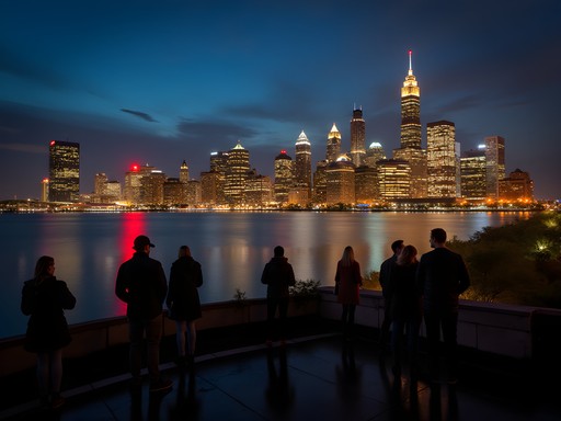 Panoramic nighttime view of Cleveland's illuminated skyline from a rooftop gathering spot