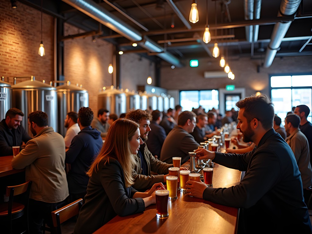 Bustling craft brewery in Ohio City neighborhood with patrons enjoying flights of beer under industrial lighting