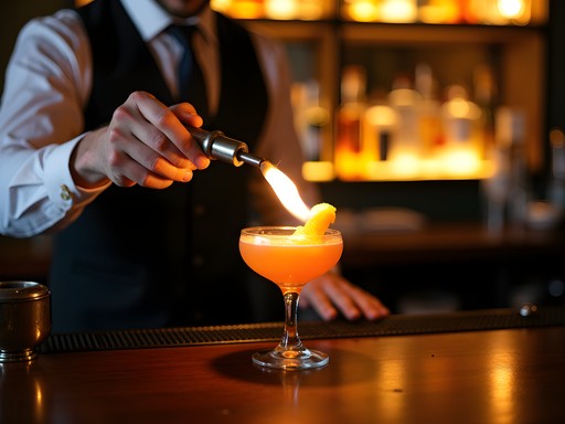 Elegant cocktail being prepared at a sophisticated Tremont neighborhood bar with moody lighting