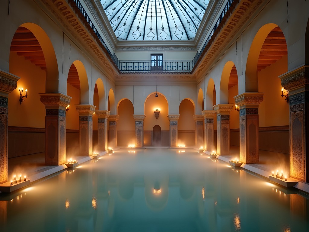 Atmospheric hammam bath house in Cordoba with traditional architecture and candlelight