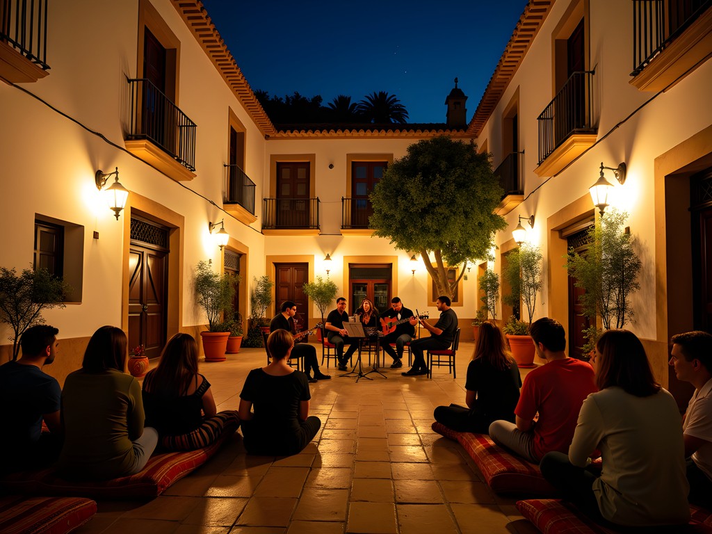 Nighttime courtyard concert in historic Cordoba patio with musicians and audience