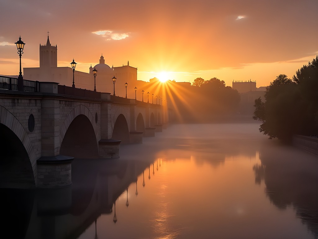 Roman Bridge in Cordoba at dawn with Mezquita-Cathedral silhouetted against sunrise