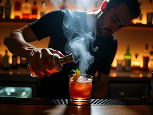 Bartender creating elaborate craft cocktail with smoke infusion in Covington bar