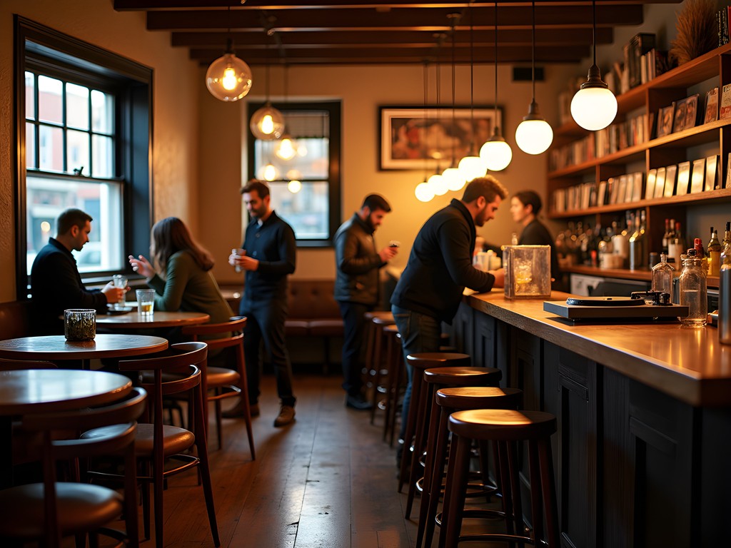 Interior of vinyl record bar in Covington with patrons browsing albums