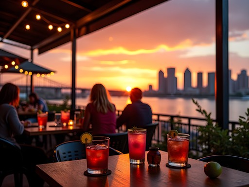 Sunset view from riverside bar in Covington with Cincinnati skyline