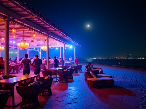 Vibrant beach club night party in Da Nang with DJ and colorful lighting