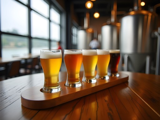 Craft beer tasting flight at a Da Nang brewery with riverside views