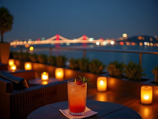 Panoramic night view of Da Nang from a luxurious rooftop bar