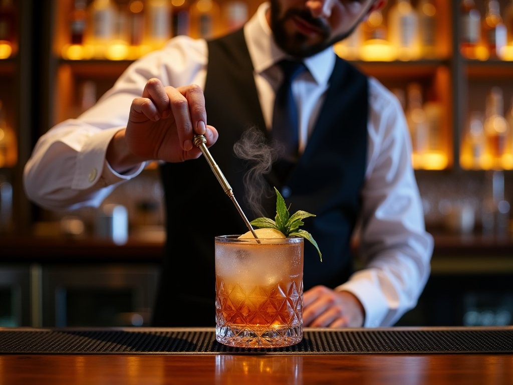 Bartender creating elaborate craft cocktail at upscale Uptown Dallas bar with dramatic lighting