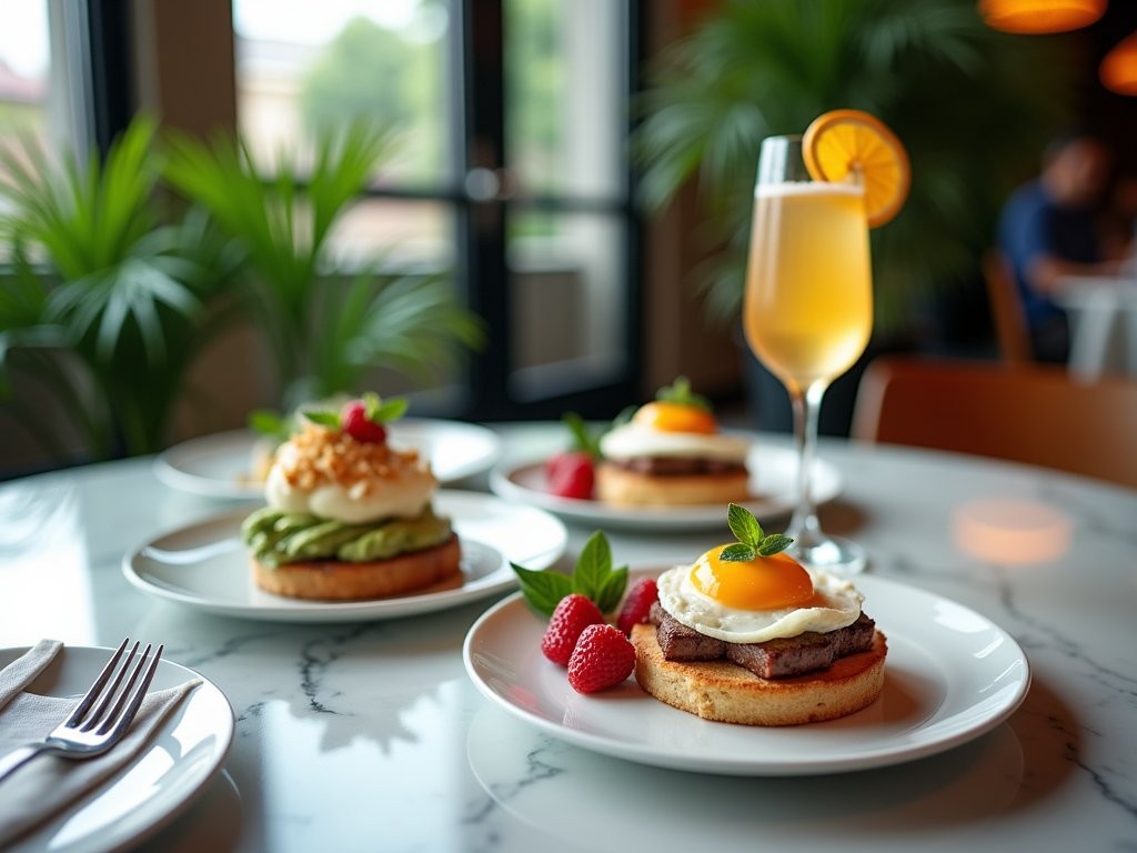 Luxurious recovery brunch scene in Uptown Dallas with mimosas and gourmet breakfast dishes