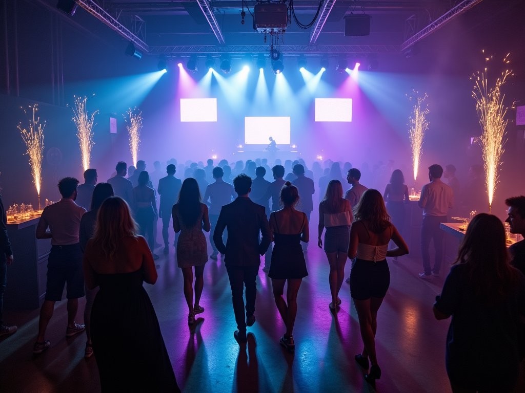 Energetic dance floor scene at upscale Dallas Uptown nightclub with professional lighting and diverse crowd