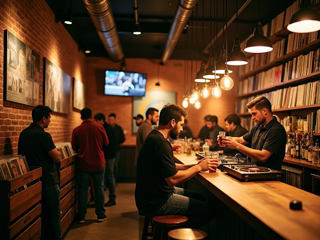 Uptown Dallas vinyl bar with DJ spinning records and patrons browsing through record crates