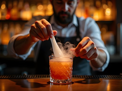 Bartender preparing craft cocktail with smoke infusion at upscale Dover bar