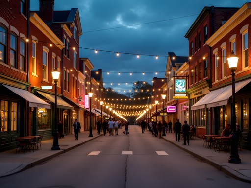 Evening street scene in downtown Dover showing illuminated historic buildings and nightlife venues