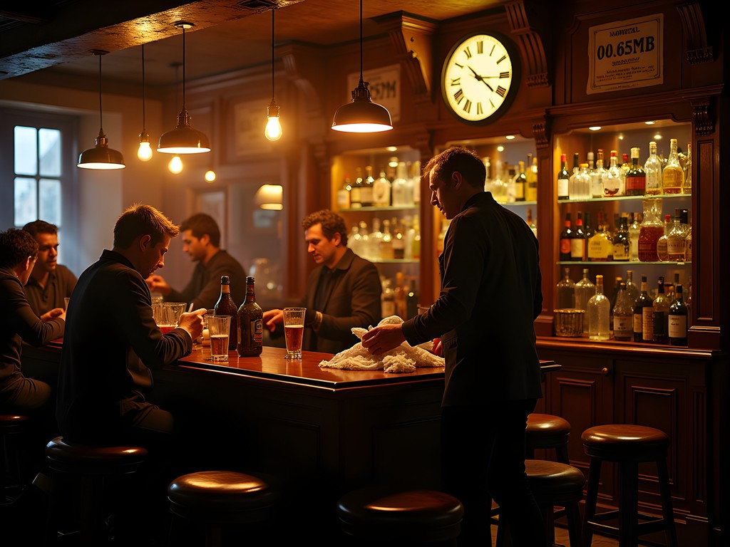 Dublin pub at closing time with publican and remaining patrons in warm ambient lighting