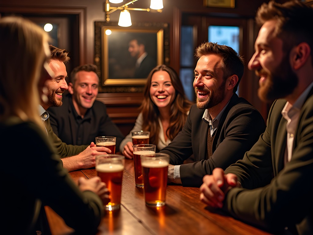 Animated conversation between locals and visitors in traditional Dublin pub