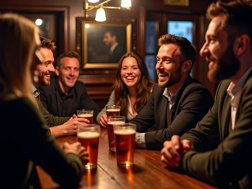 Animated conversation between locals and visitors in traditional Dublin pub