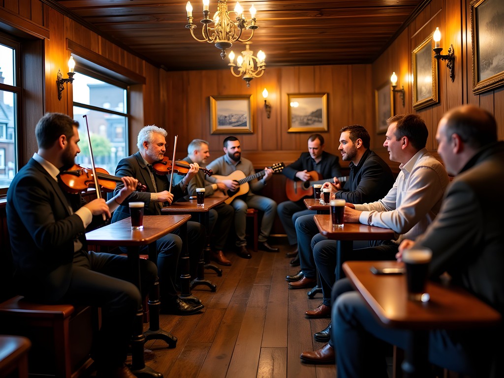 Traditional Irish music session in authentic Dublin pub with musicians and attentive audience