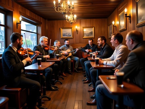 Traditional Irish music session in authentic Dublin pub with musicians and attentive audience