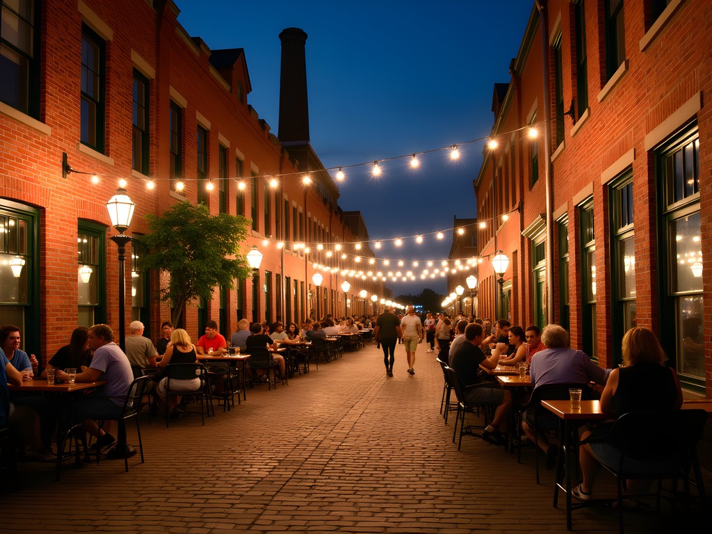 Historic Dubuque Distillery District illuminated at night with string lights and outdoor seating