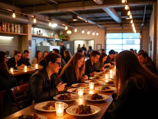 Converted garage food hall in Dubuque serving late-night global street food with industrial decor