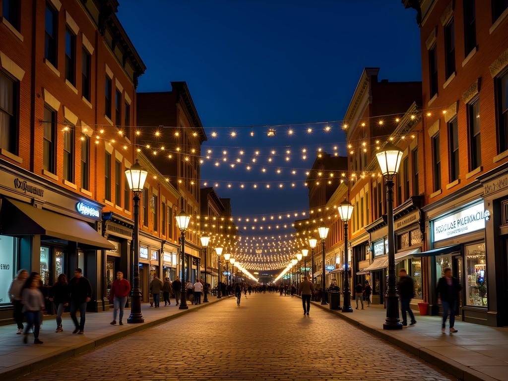 Historic Main Street in Dubuque at night with illuminated storefronts and bar patios
