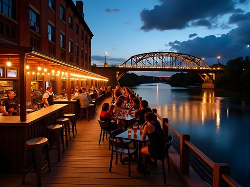 Illuminated Mississippi riverfront in Dubuque with outdoor bars and live music