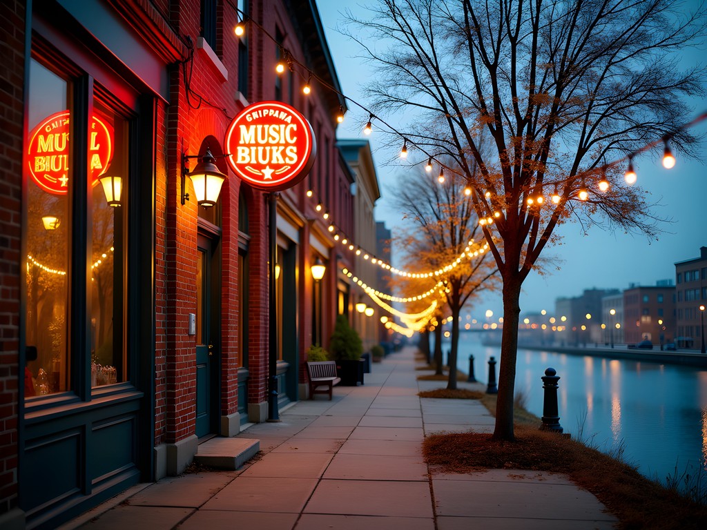 Downtown Eau Claire Wisconsin at dusk with illuminated music venue signs