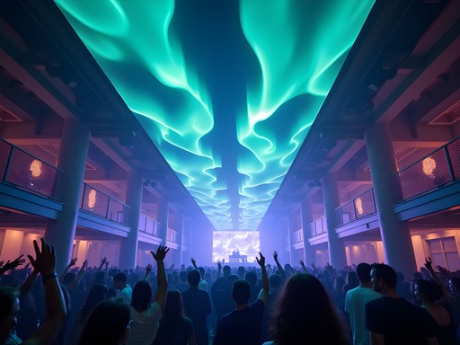 Responsive LED ceiling creating aurora borealis effect at Industry East nightclub in Elizabeth NJ