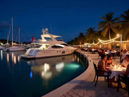 Antigua Yacht Club Marina illuminated at night with luxury yachts