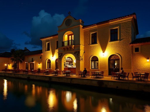 Historic rum bar at Nelson's Dockyard illuminated at night with harbor reflections
