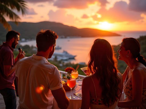 Sunset reggae party at Shirley Heights with panoramic harbor views