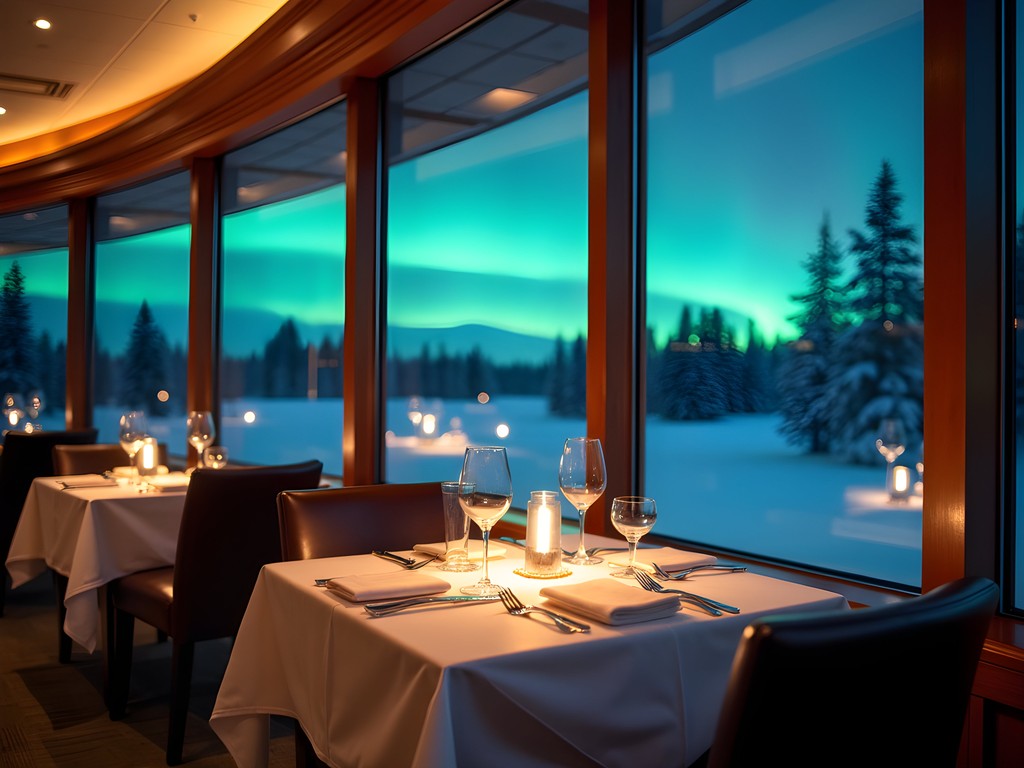 Upscale restaurant in Fairbanks with Northern Lights visible through panoramic windows