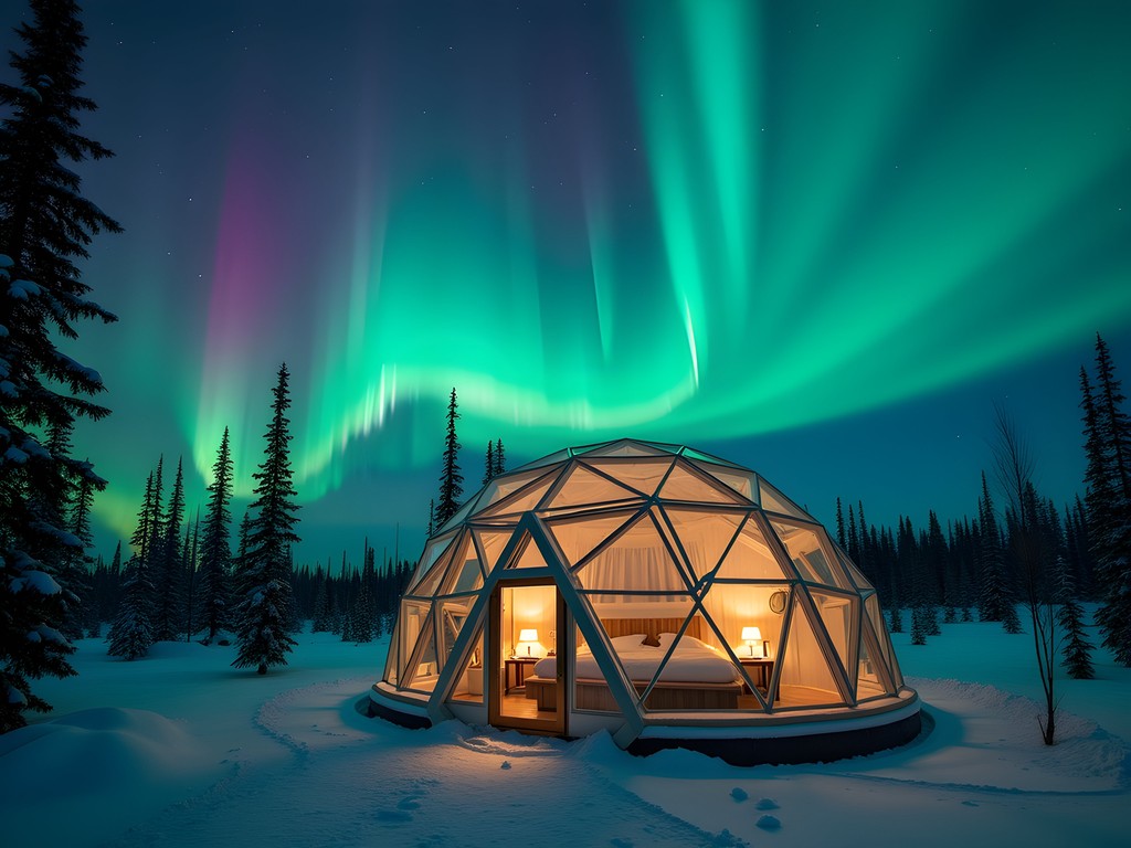 Luxury glass igloo under the Northern Lights in Fairbanks, Alaska