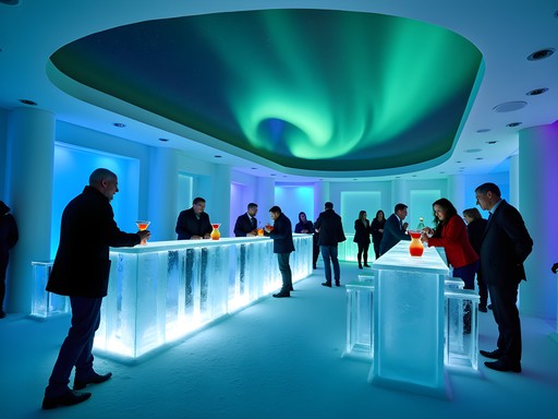 Exclusive ice bar in Fairbanks with Northern Lights visible through transparent ceiling