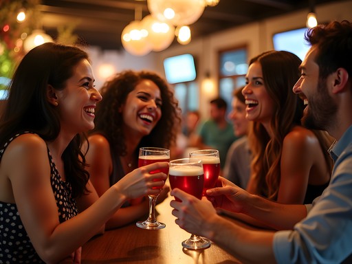 Diverse group of friends enjoying drinks and conversation at Florence Kentucky bar