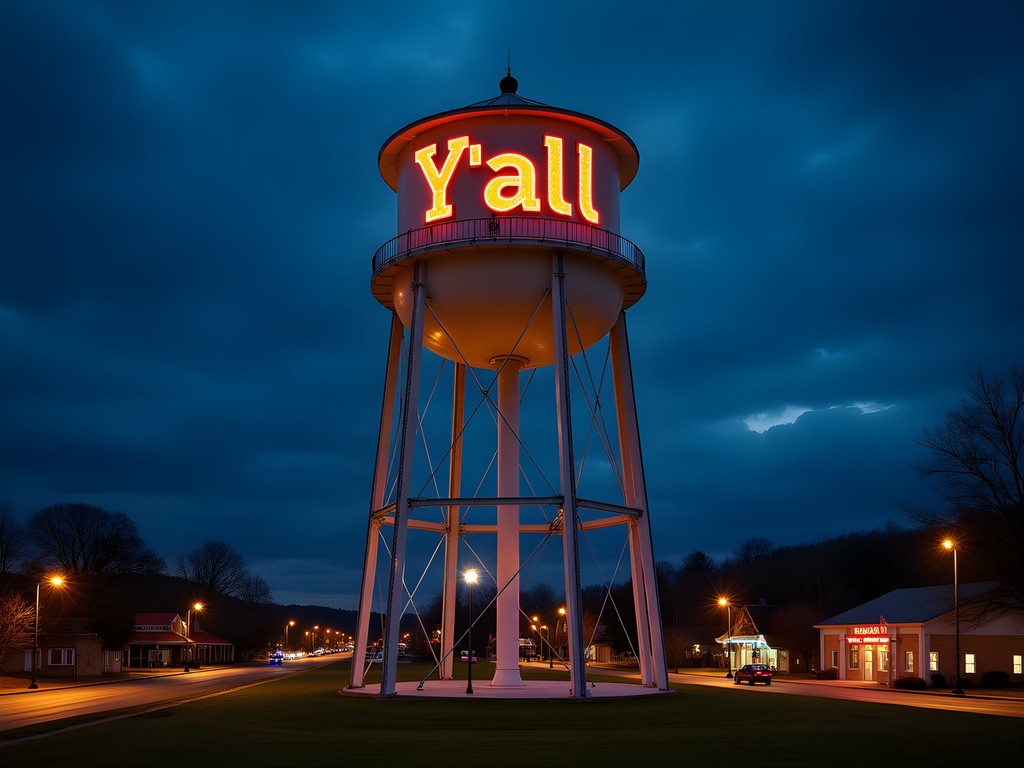 Florence Y'all Water Tower illuminated at night in Florence Kentucky