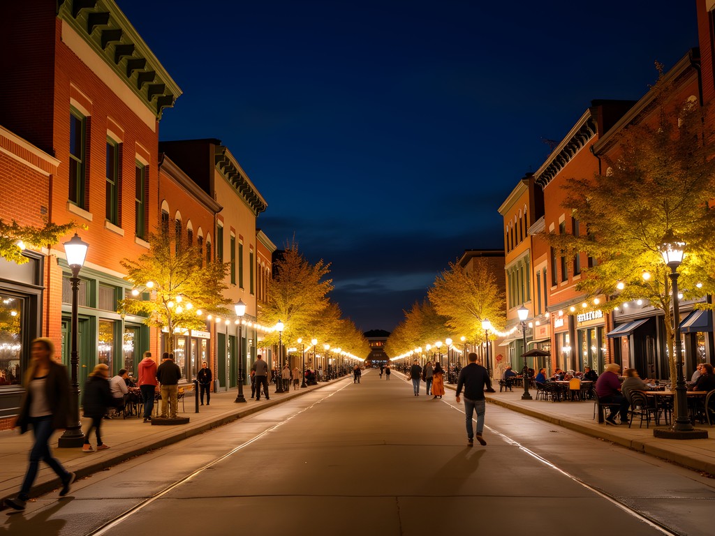 Illuminated streets of Old Town Fort Collins at night with historic buildings and pedestrians