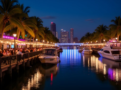 Vibrant riverside nightlife scene in Fort Lauderdale with illuminated venues along the New River