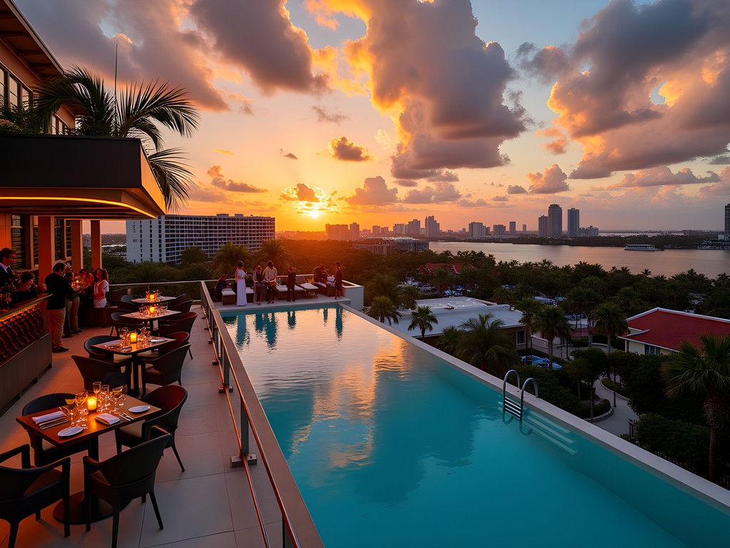 Panoramic sunset view from a luxury Fort Lauderdale rooftop bar overlooking the city and waterways