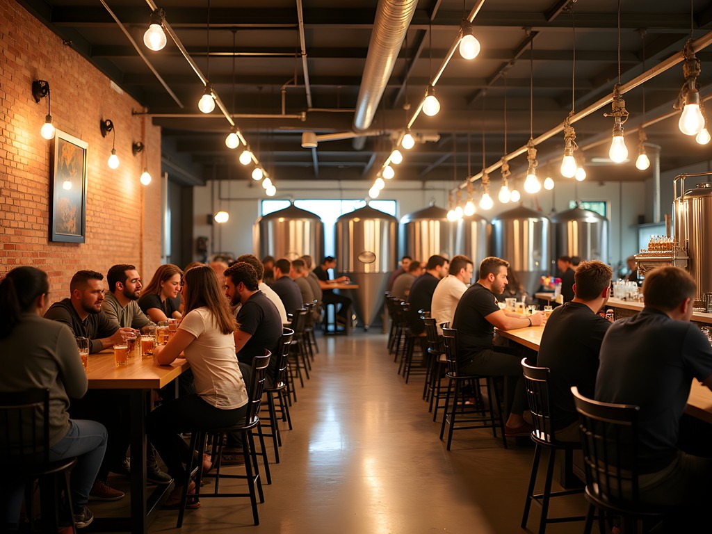 Lively nighttime scene at HopFusion Ale Works brewery with locals enjoying craft beers